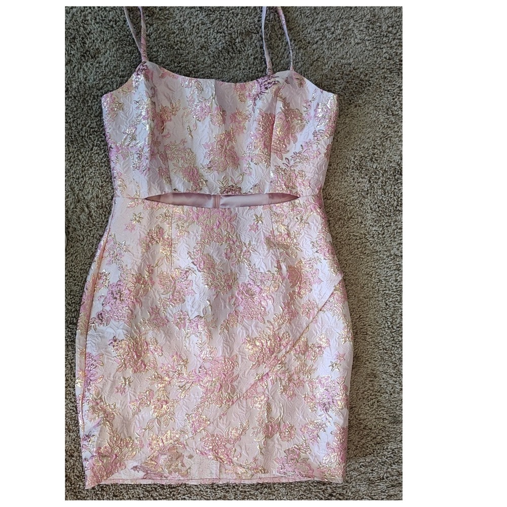 Lulus Pink Gold Floral Brocade Cutout Mini Dress Cocktail Party Size M